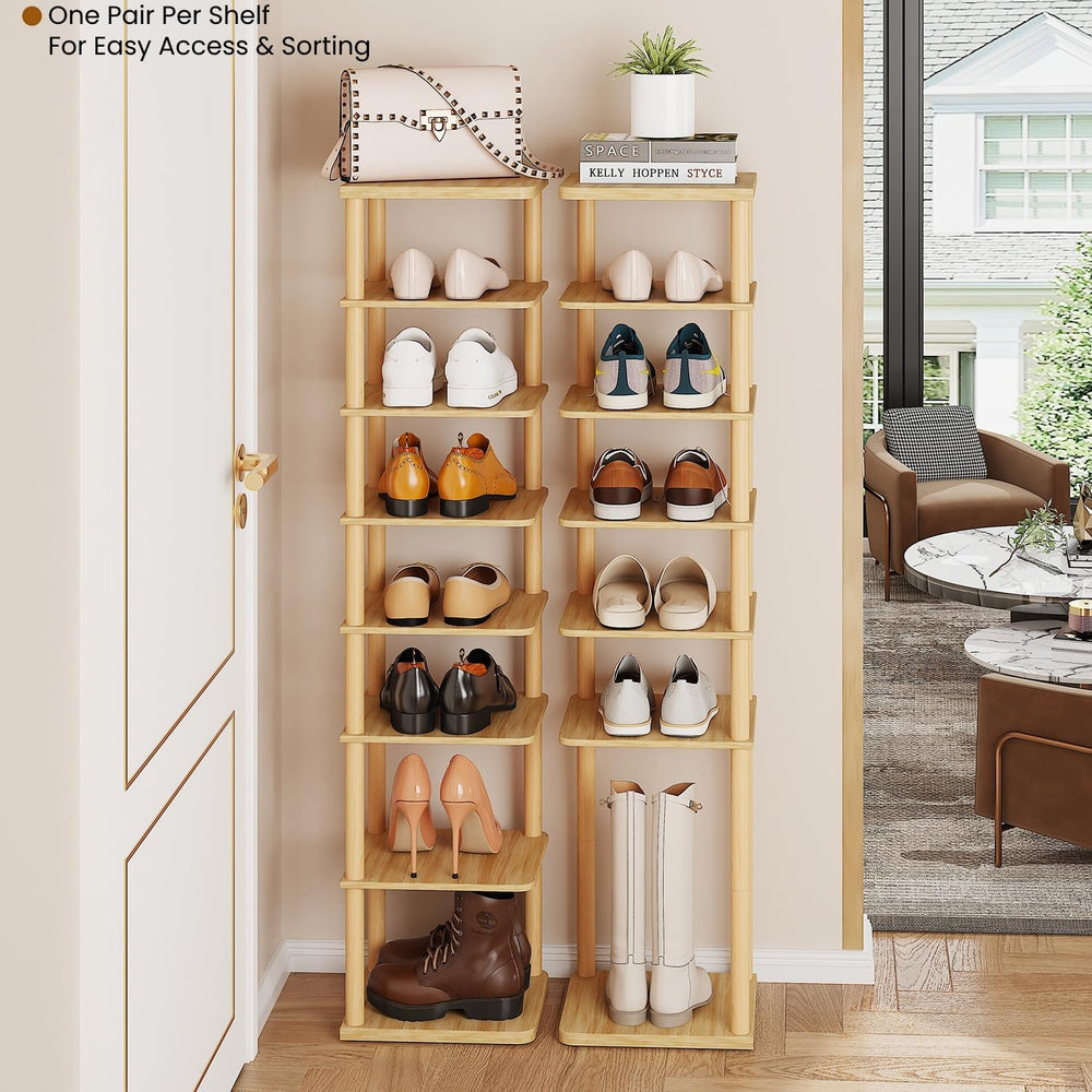 8 Tiers Vertical Shoe Rack Tall Narrow Shoe Tower Corner Shoe Rack, Natural