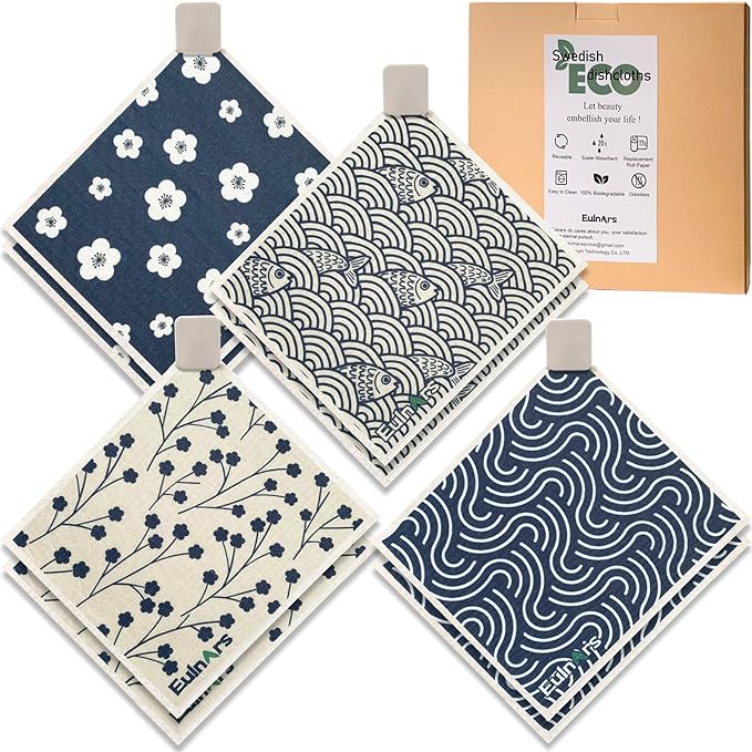 Swedish Dishcloths for Kitchen, 8 Pack Japanese Pattern Reusable Paper Towels by Eulnars