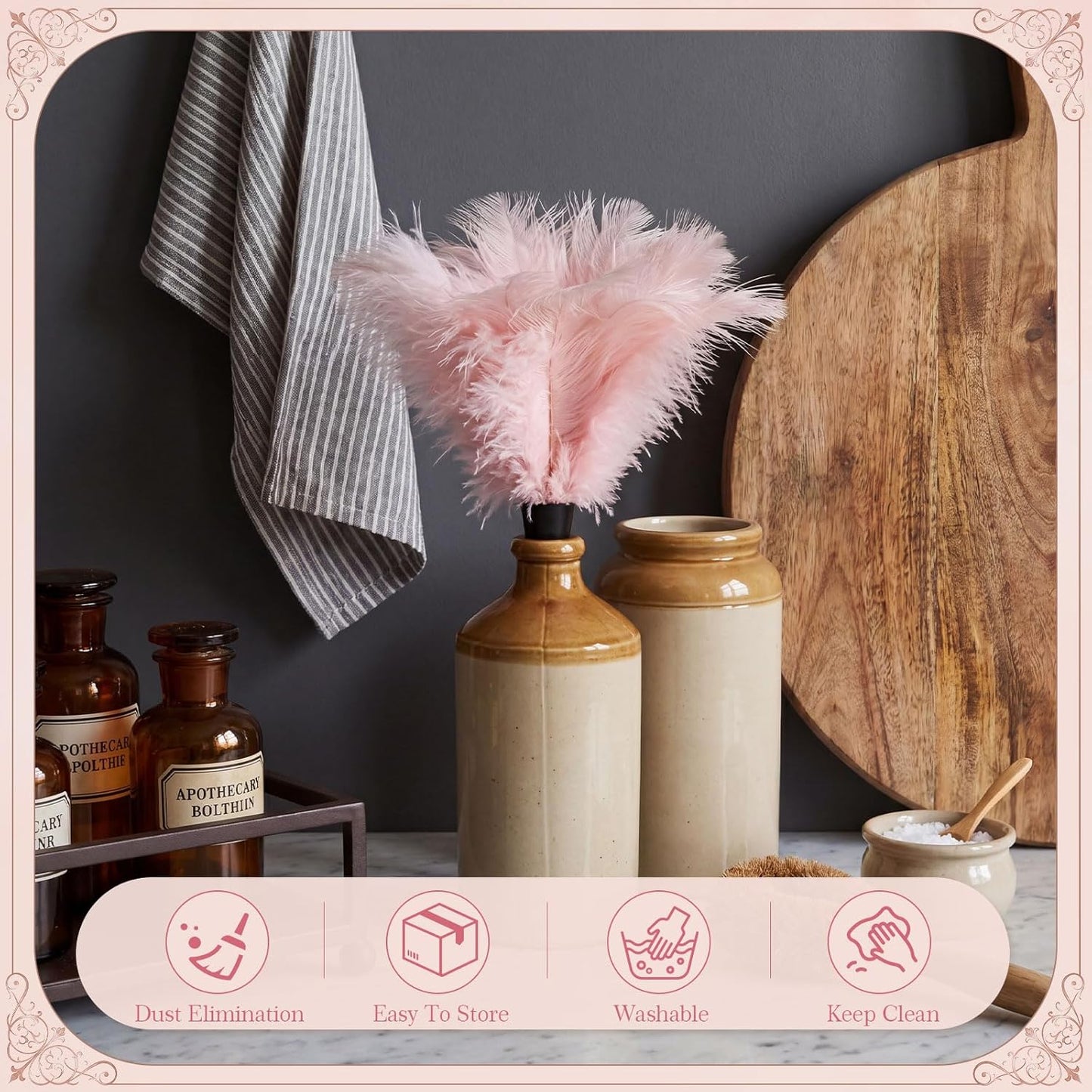 Hushee 2 Pcs 13.3" Pink Ostrich Feather Duster for Cleaning with Solid Wooden Handle Natural Feather Hang Strap Reusable Household Duster for Cleaning Supplies, Ceiling Fan, Crafts, Blinds, Furniture