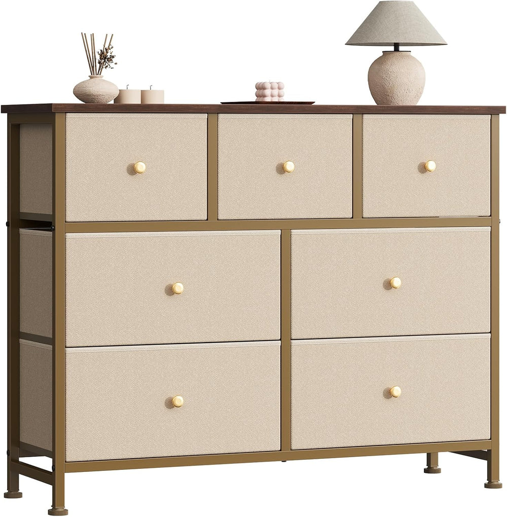 Sweetcrispy 7 Drawer Dresser for Bedroom Storage with Fabric Bins, Khaki