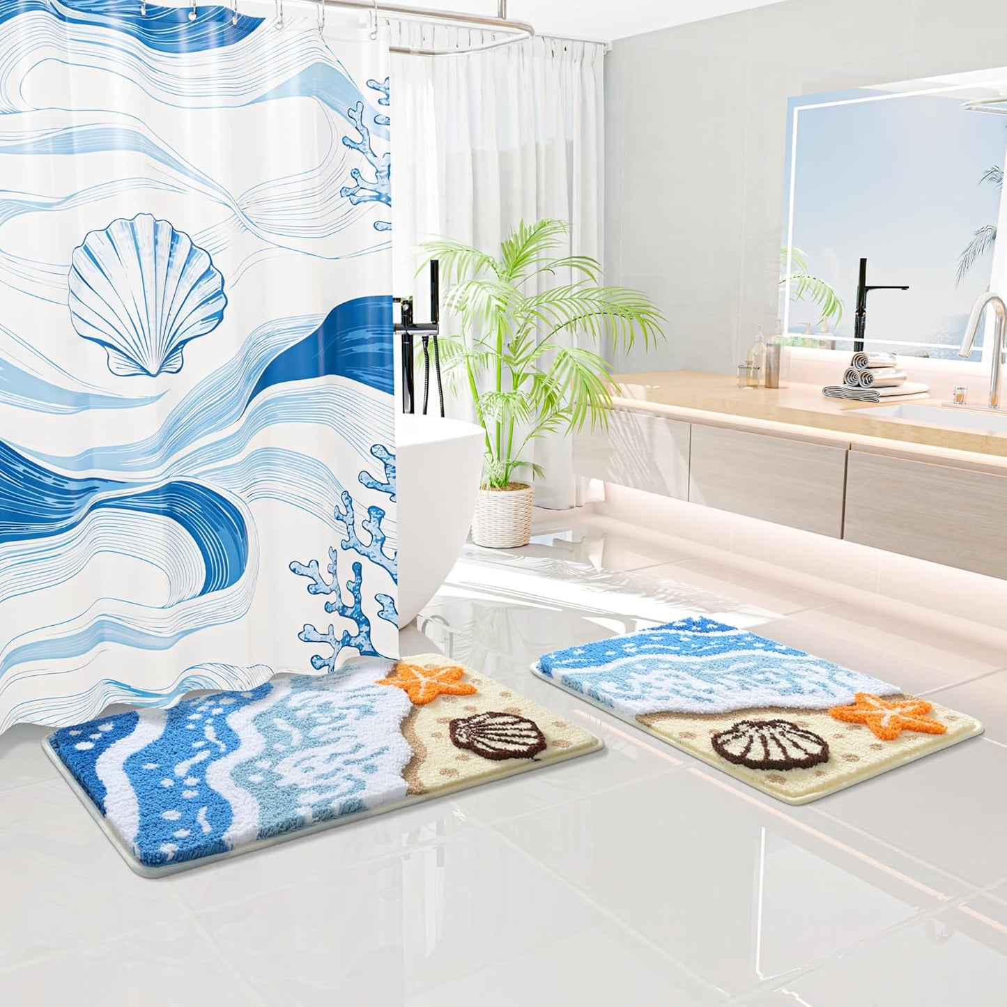 QJHOMO Coastal Bathroom Rugs Beach Ocean Wave Bath Mat Nautical Rug, Cute Colorful Bath Rug 3D Starfish Shell Beachy Theme Bathroom Decor, Soft Microfiber Carpet Non Slip Washable Bathmat(18x26 inch)