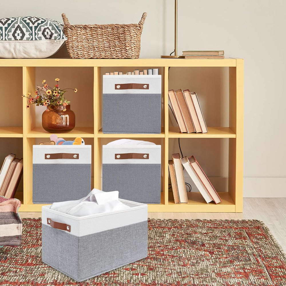 6 Pack Fabric Storage Baskets with Handles (White with Grey,15" L*10.2&q...