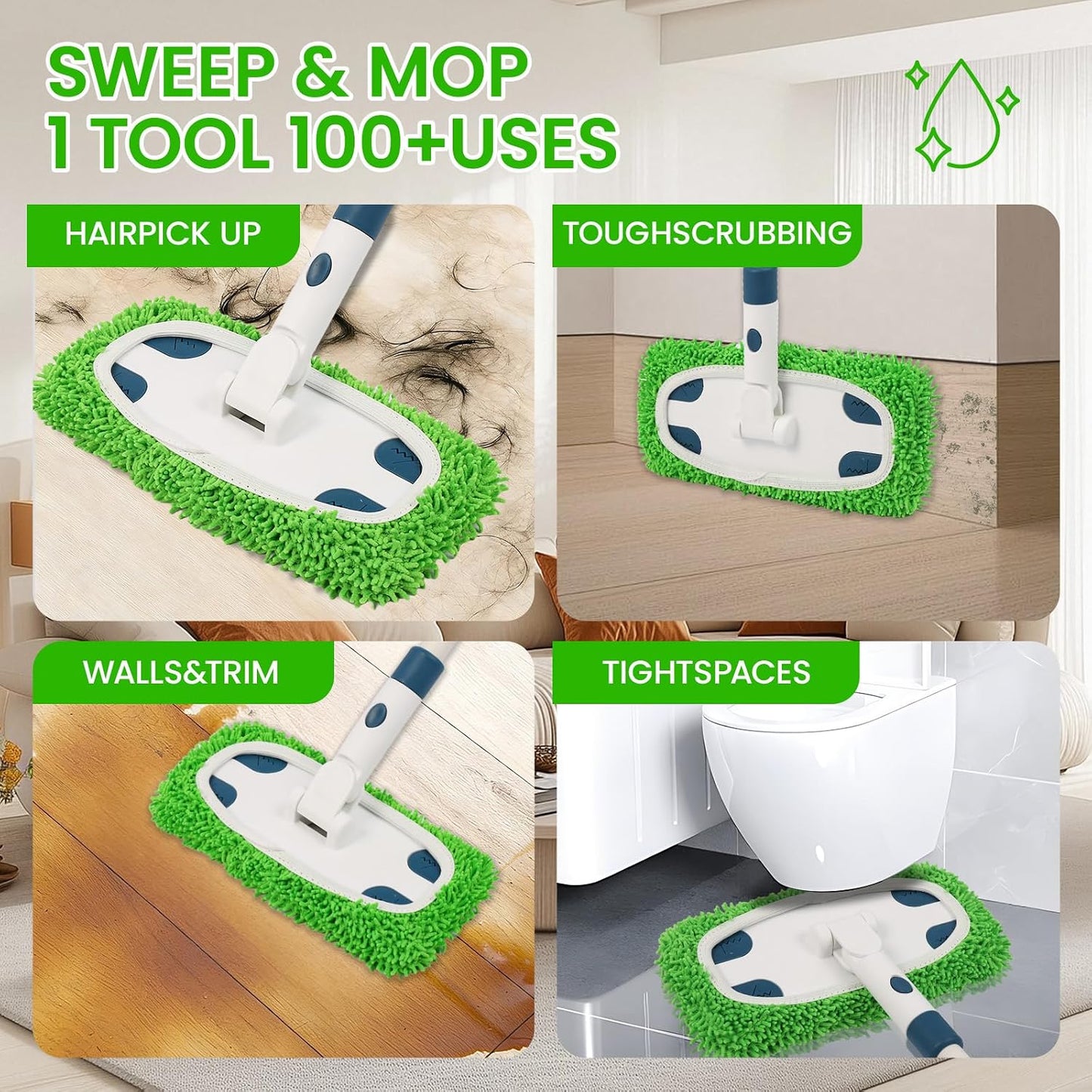 Reusable Microfiber Floor Mop System, Wet & Dry Sweeper Kit, Includes 1 Sweeper Handle, 3 Washable Chenille Mop Pads, Dry & Wet Use for Hardwood, Tile, and Laminate Floor, Blue