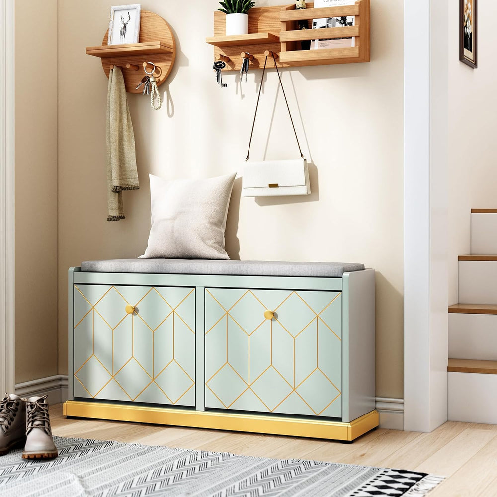 HLR Shoe Storage Bench with 2 Flip Drawer & Padded Cushion Seat