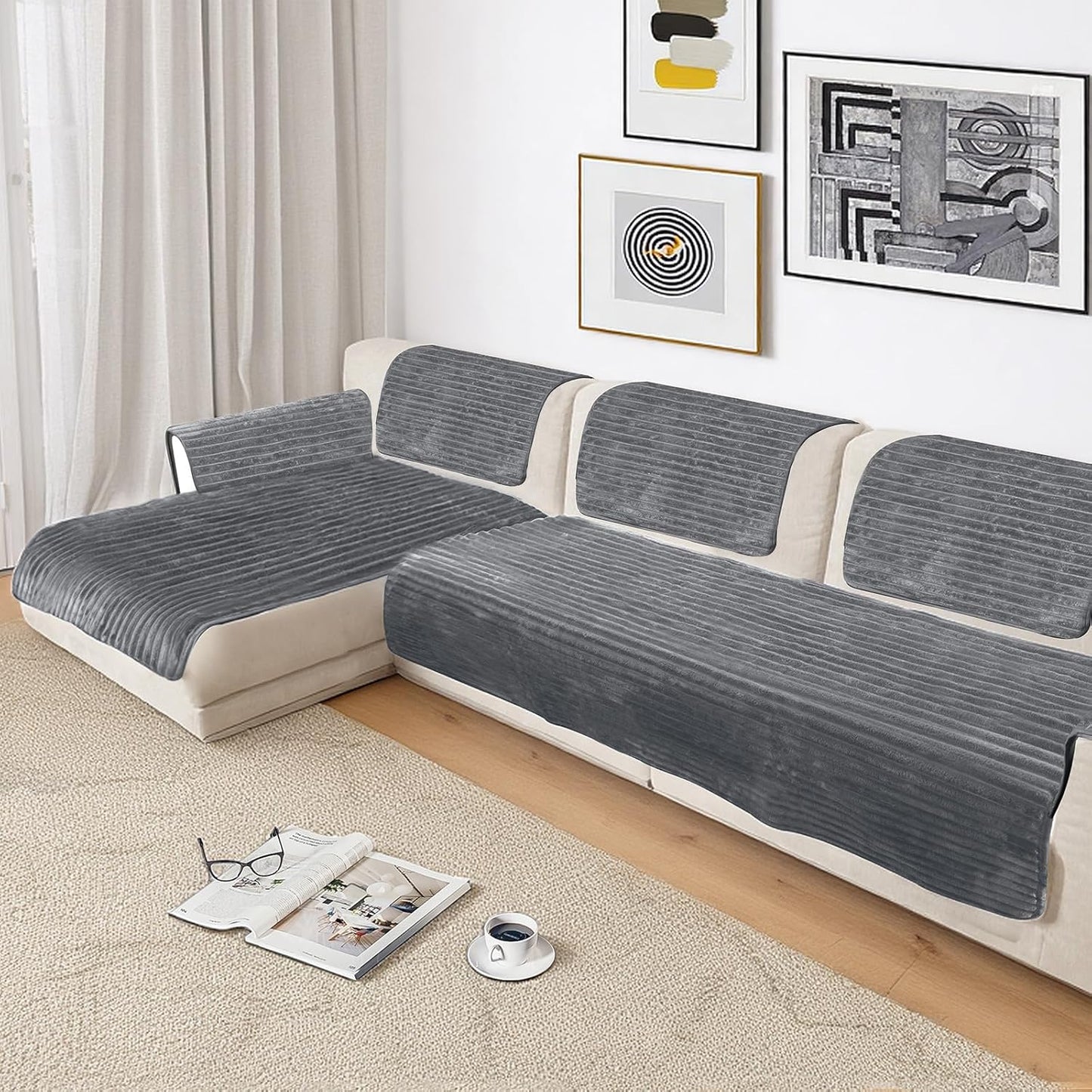 NAISI Couch Covers for Dogs Waterproof Flannel Striped Sofa Cover Pet Friendly Washable Dog Mat for Couch Anti Slip Sectional Sofa Slipcover Protector(2pcs/35"x63"+35"x70",Dark Grey)