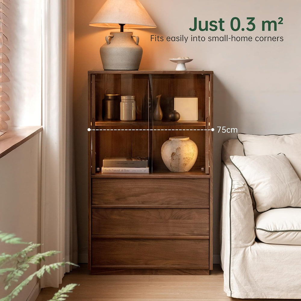100% Solid Black Walnut Storage Cabinet with Dimmable LED, Glass Doors, Adjus...