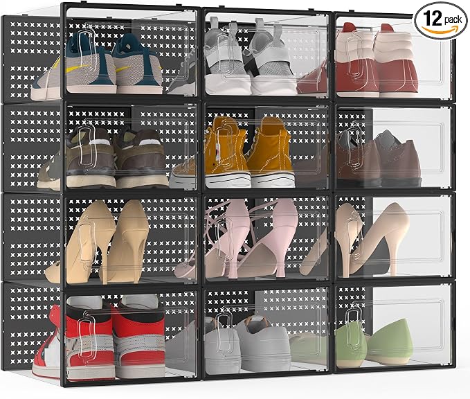 12 Pack XX-Large Modular Clear Plastic Stackable Shoe Storage Organizer by FJFEOIYE
