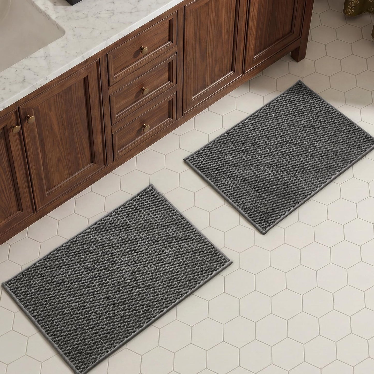 TYUU Bathroom Rugs Sets 2 Piece, Non Slip & Washable Bath Mat Set, Super Absorbent Quick Dry Bathroom Mat Set, Soft Low Pile for Tub & Shower, 16"x24" & 16"x24", Dark Grey
