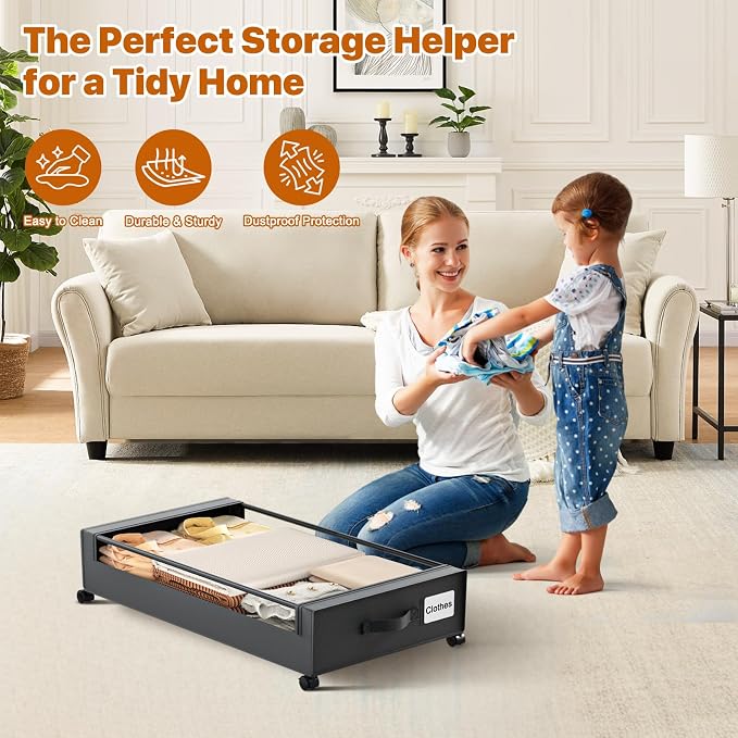 Under Bed Storage with Wheels, XXL 60L Under Bed Storage Containers with Clear - Image 5