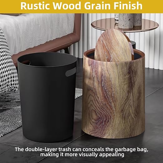 Wood Grain Plastic Trash Can Swing Top Lid, 4Gal/15L Farmhouse Wastebasket Bin - Image 5