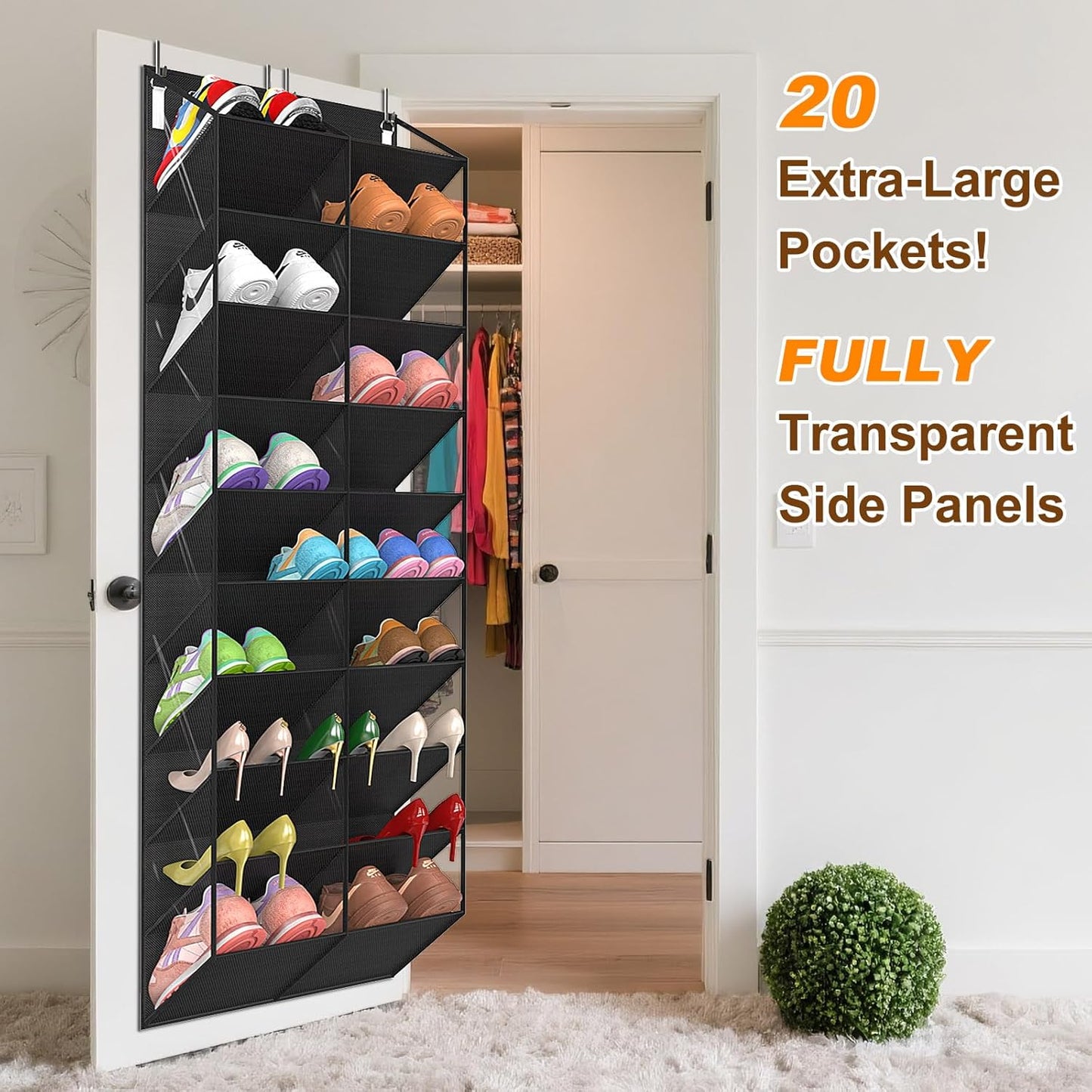 20-30 Pairs Over the Door Shoe Organizer, Clear Pockets Hanging Shoe Storage for Closet, 10-Tier Door Shoes Rack, Handing Shoes Holder Fit All the Family's Sneakers, Boots, Heels, Black