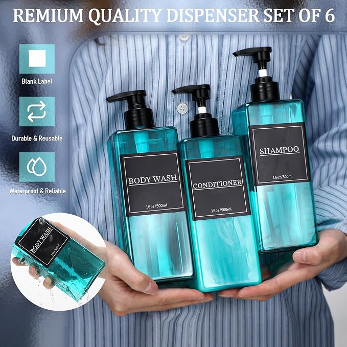 Tanlade 6 Pieces Shampoo and Conditioner Dispenser Bottles 16oz Modern Shower - Image 3