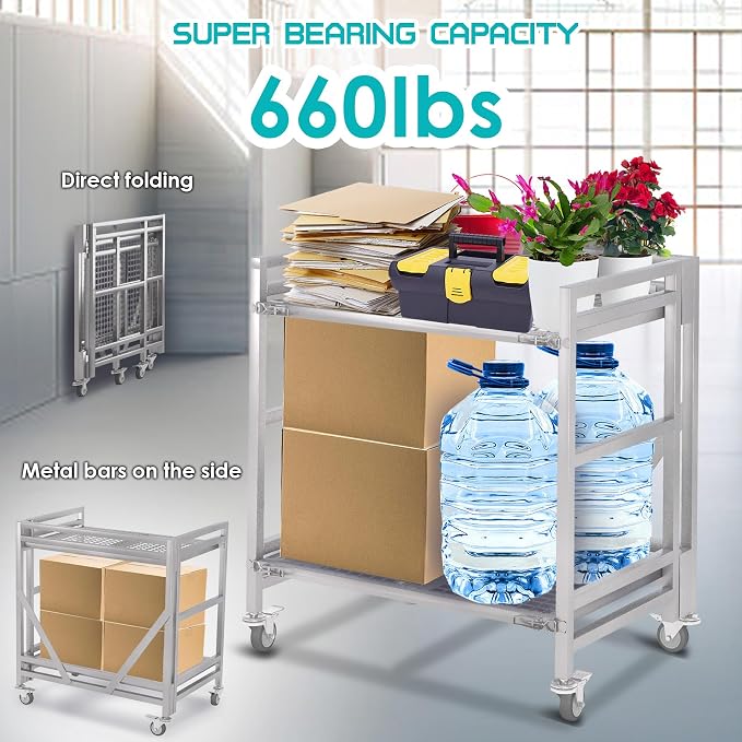 2 Shelf Rolling Cart with Wheels, 660lbs Capacity Collapsible Steel Rolling - Image 2