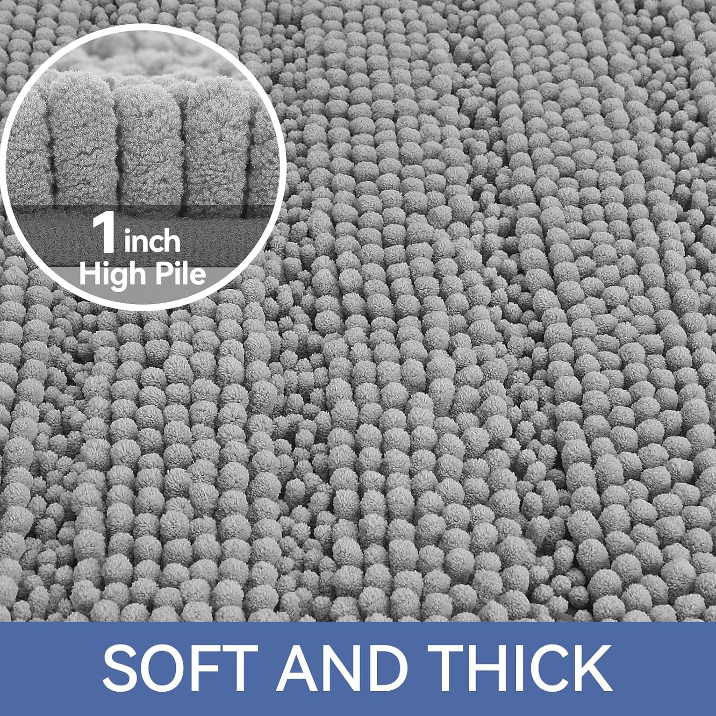 Bcoimo 24"×17" Chenille Bath Mat – Non-Slip with Backing Bath Rug Ultra-Absorbent and Machine Washable Bathroom Mat Quick-Dry Design. Ideal for Bathroom and Tub Areas