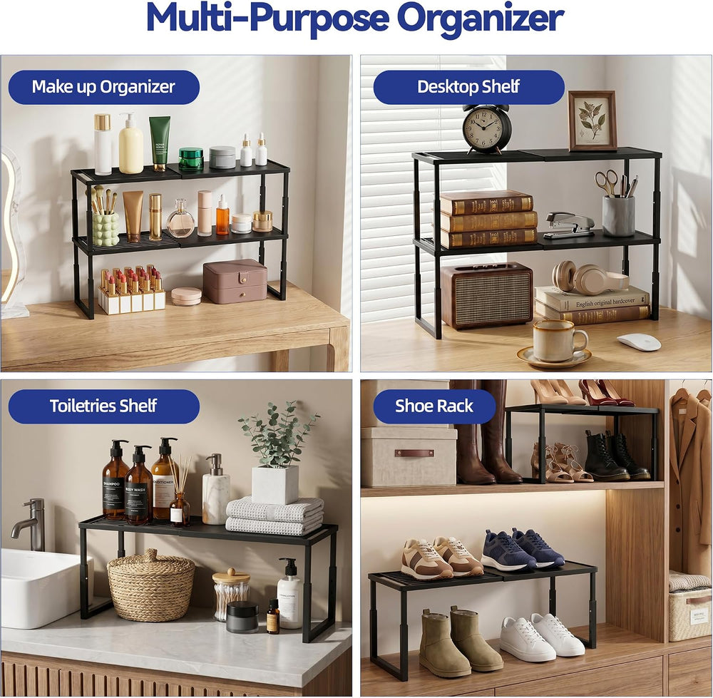 2 Packs Expandable Cabinet Shelf Organizer, Stackable Countertop Shelves