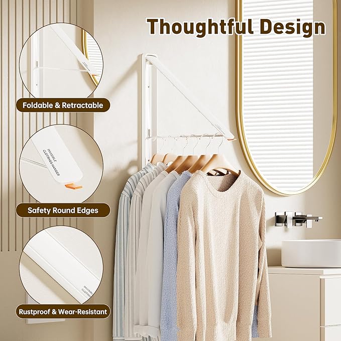 Clothes Drying Rack, Laundry Room Wall Mounted Retractable Clothes Hanger - Image 3