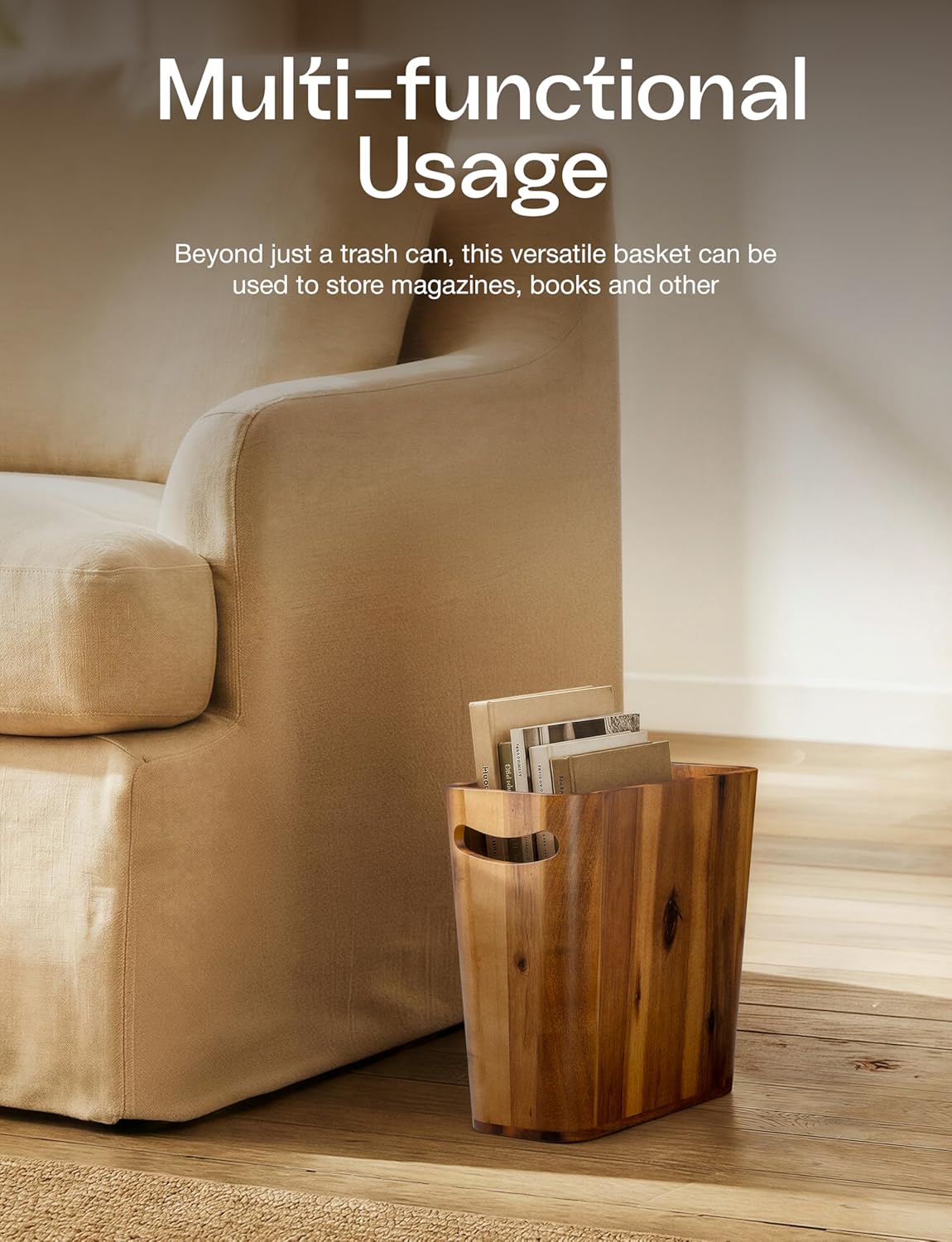 Tidita Acacia Wood Waste Basket with Handle, 3 Gallon for Bathroom, Bedroom | Acacia Wood, Rustic Style, Open-Top, Integrated Handles, Space-Saving, No Assembly, Multi-Purpose Storage for Bedroom, Office