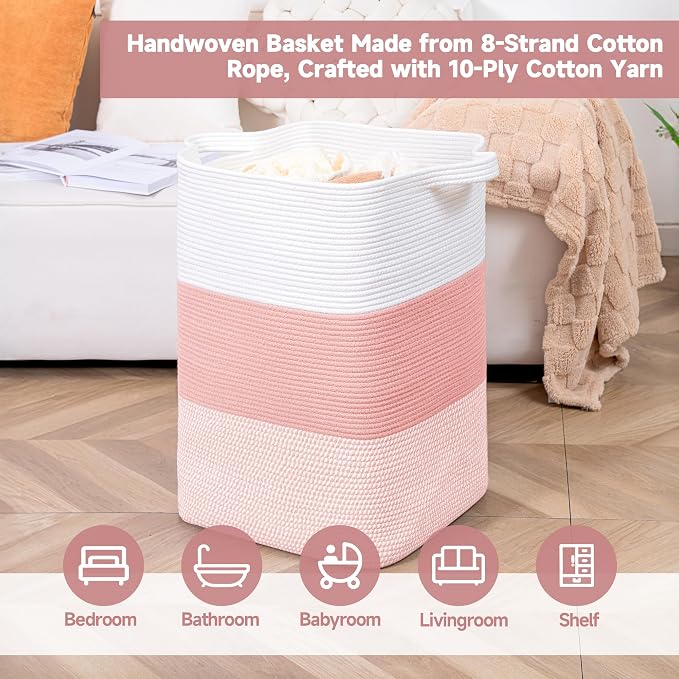 CLHMILY&Z 95L Laundry Basket Rectangular Pink Rope - Image 3