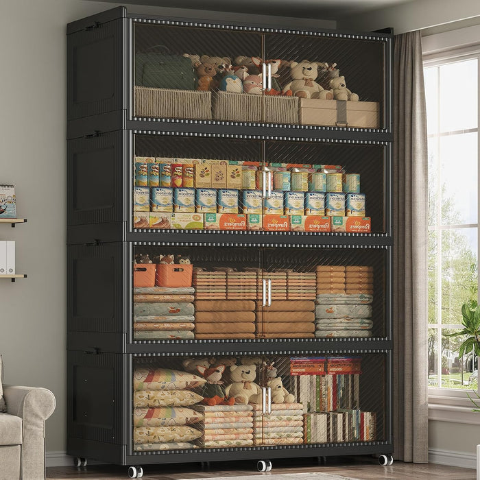 1280QT Storage Bins with Lid Extra Large Stackable Closet Organizer Plastic Container Box, 320Gal 4-Tier Collapsible Cabinet with Wheels and Doors for Living Room Kitchen Office Dorm, Black