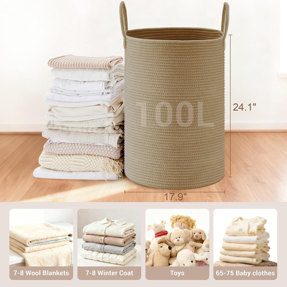 100L Extra Large Tall Cotton Rope Laundry Basket with Handles, Jute