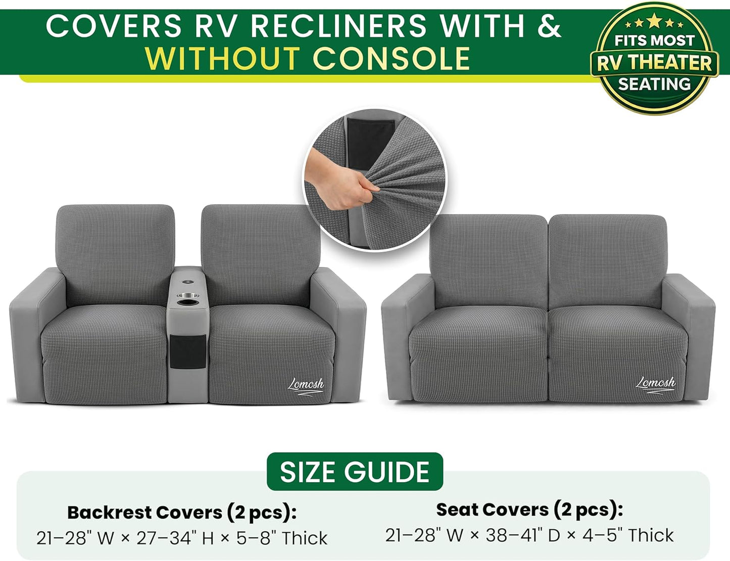 RV Recliner Covers Set of 4 for Loveseat – Stretch RV Theater Seating Covers Compatible with Thomas Payne RV Recliners – Camper Loveseat Cover for Travel Trailer, Motorhome & RV Furniture (Gray)