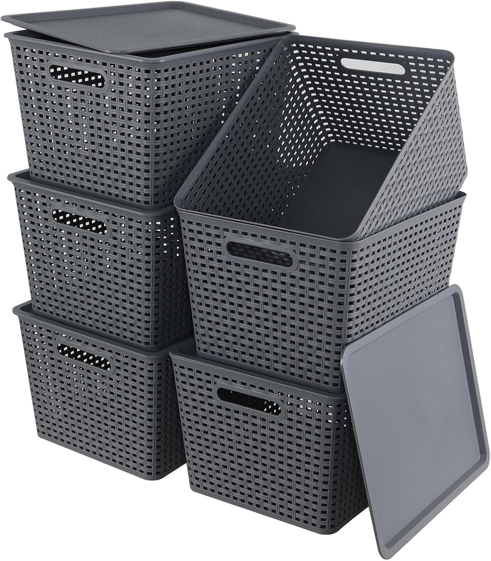 6 Pack Plastic Storage Bins with Lids, Stackable Storage Baskets with Handles...