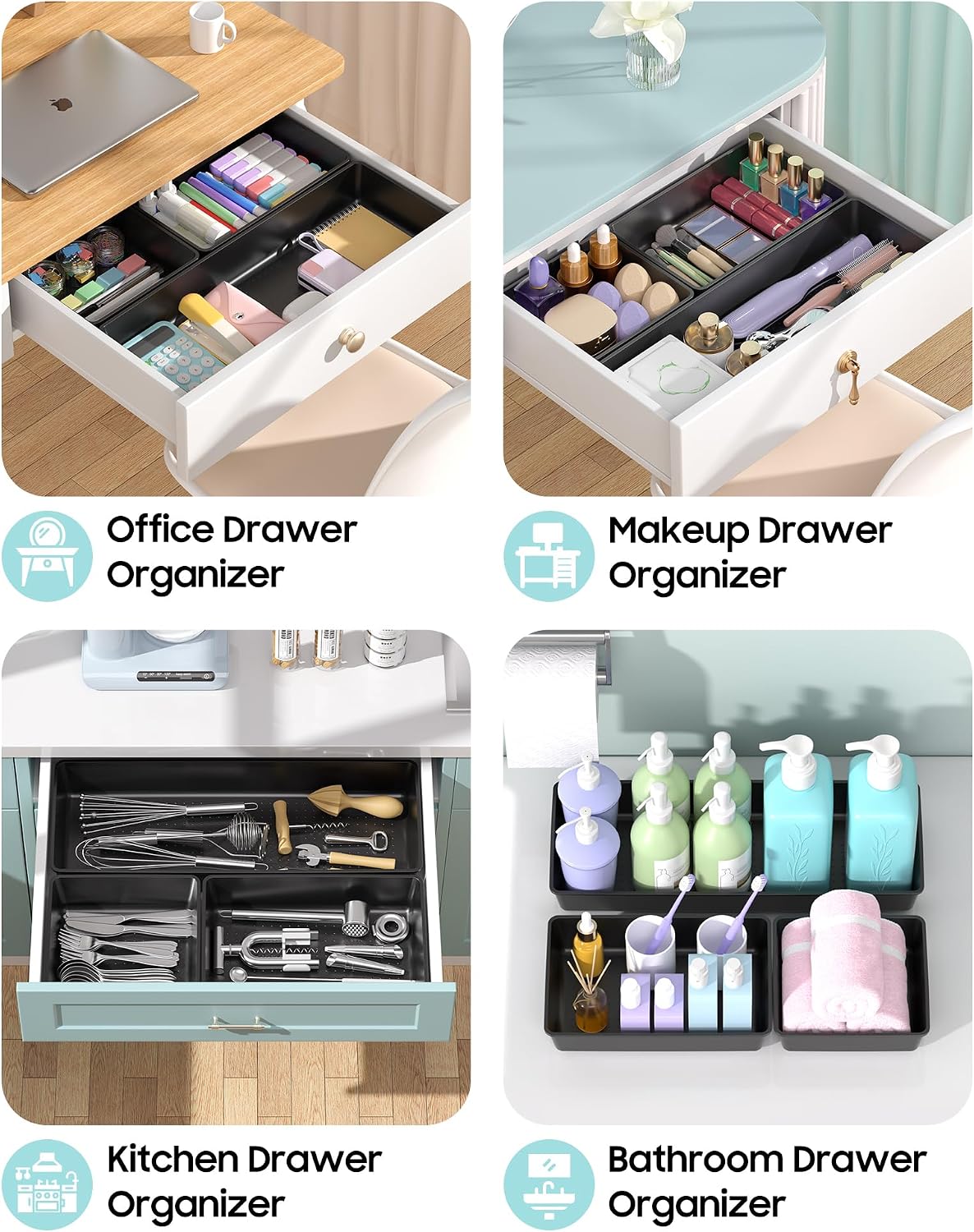 10 Pack Large Size Plastic Drawer Organizers Set, 3 Sizes Desk Drawer Organizer Trays, Storage Bins for Vanity, Makeup, Bathroom, Kitchen Utensils and Office (Black)