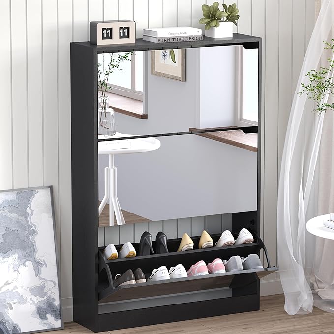 Shoe Cabinet with 3-Flip Mirror Drawers, Freestanding Shoe Rack Organizer with by BORNOON