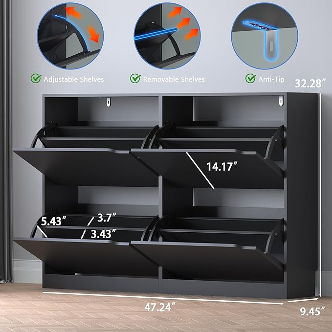 Shoe Cabinet with 4 Flip Drawers, Narrow Hidden Shoe Storage Cabinet, Slim - Image 2