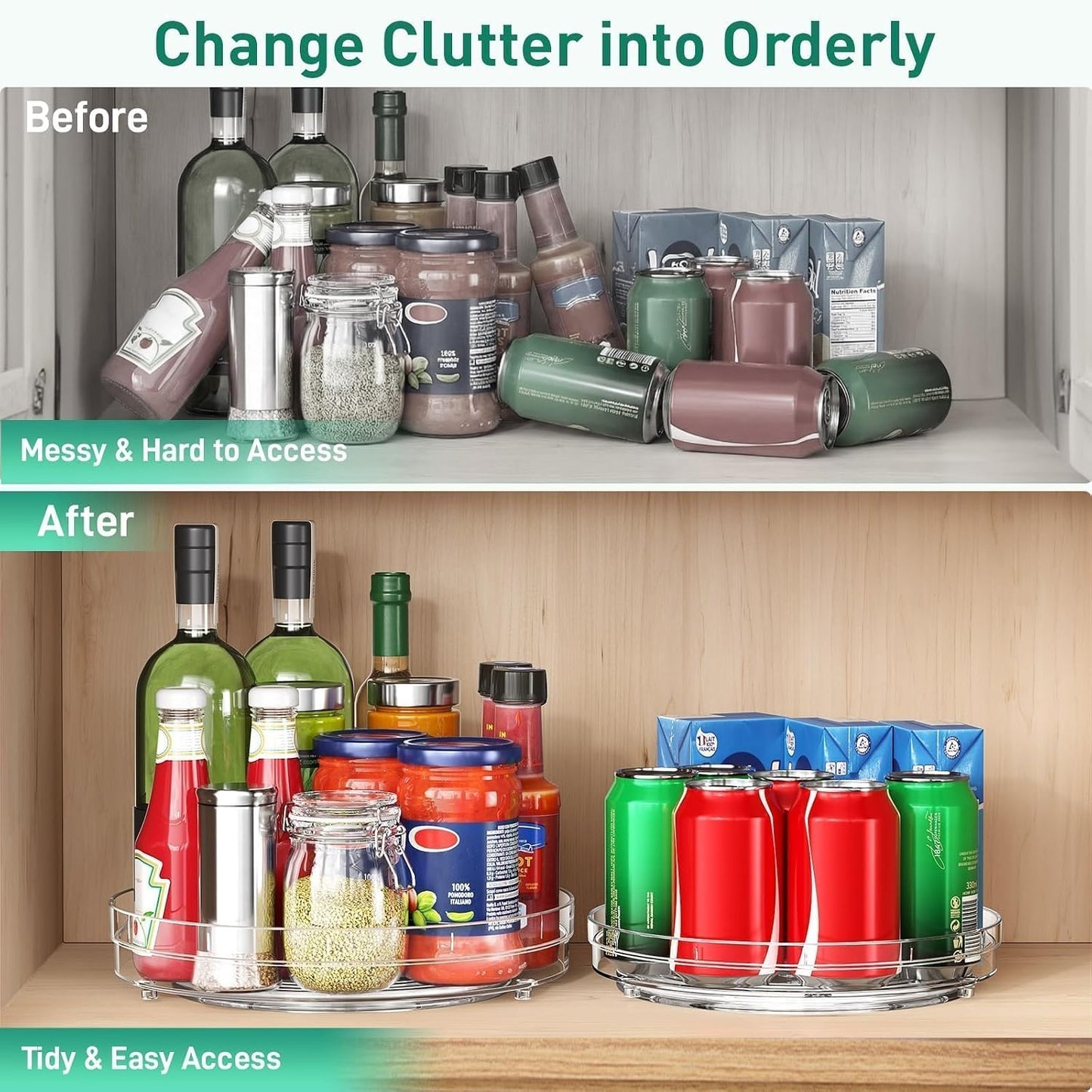 Optish 2 Pack 9.5" Lazy Susan Organizer for Cabinet, Non-Skid Turntable | Fridge Organizer and Storage, Rotating Spice Organizer, for Pantry, Kitchen, Table Top, Countertop, Easy Access, Load 15 lbs