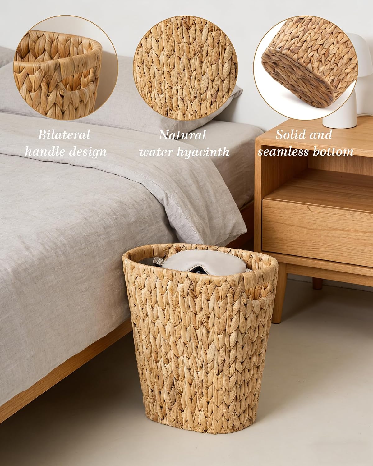 2-Pack Slim Water Hyacinth Trash Can Wicker Waste Basket with Handles | Handwoven water hyacinth over an iron frame with wood handles. Slim oval shape fits bathrooms & offices. Rustic boho decor
