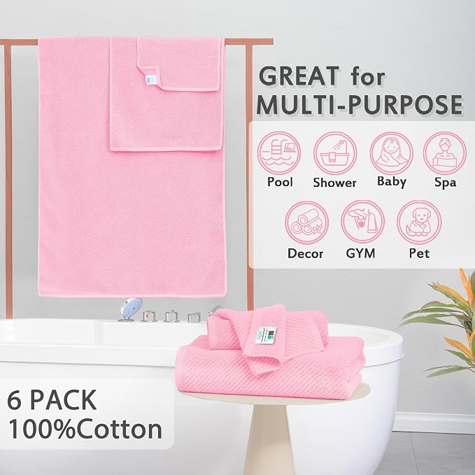 Pink Towels - 100% Cotton, Quick Dry, Lightweight, Towel Set of 6, 2 Large Bath - Image 3
