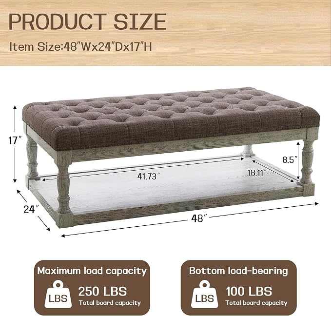 48" Large Ottoman with Storage Coffee Table, Upholstered Tufted Linen Ottoman - Image 2