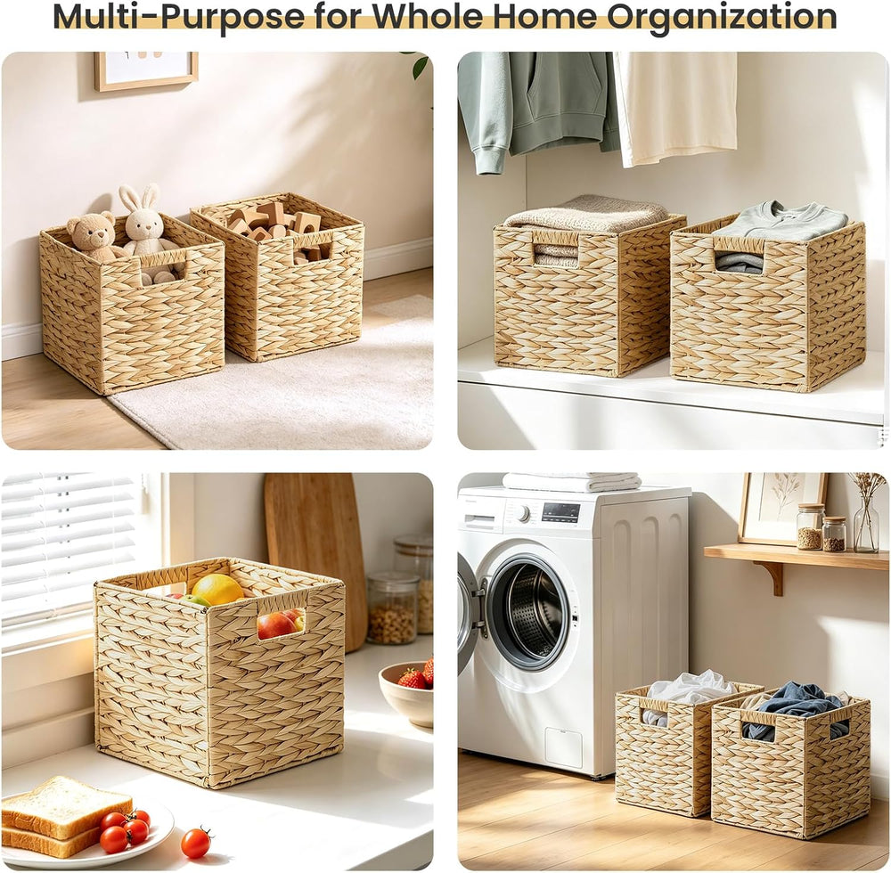 Water Hyacinth Storage Baskets 9in, 4 Pack Wicker Storage Cubes with Handles,...