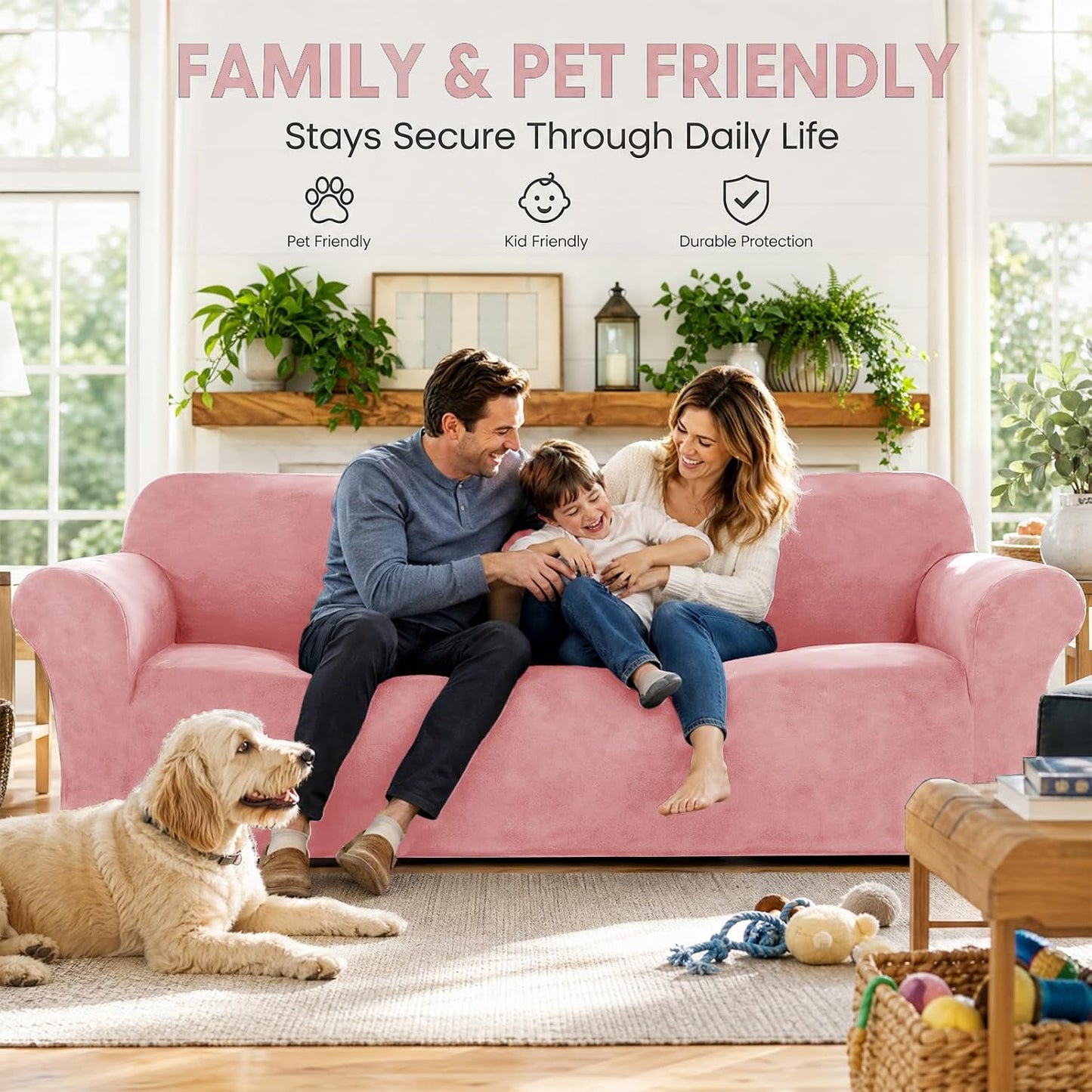 YEMYHOM Real Velvet Extra Large Couch Cover for 3 Cushion Couch 1 Piece Stretch Oversized Sofa Slipcovers Soft 4 Seater Furniture Protector Elastic Bottom for Kids,Pet (91"-110", Dusty Pink)