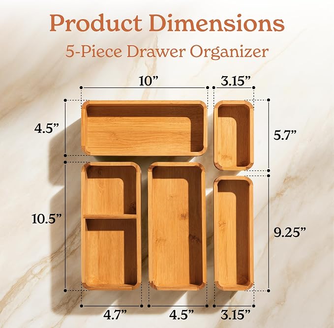 SMIRLY 5-Piece Bamboo Kitchen Drawer Organizer Set - Image 2