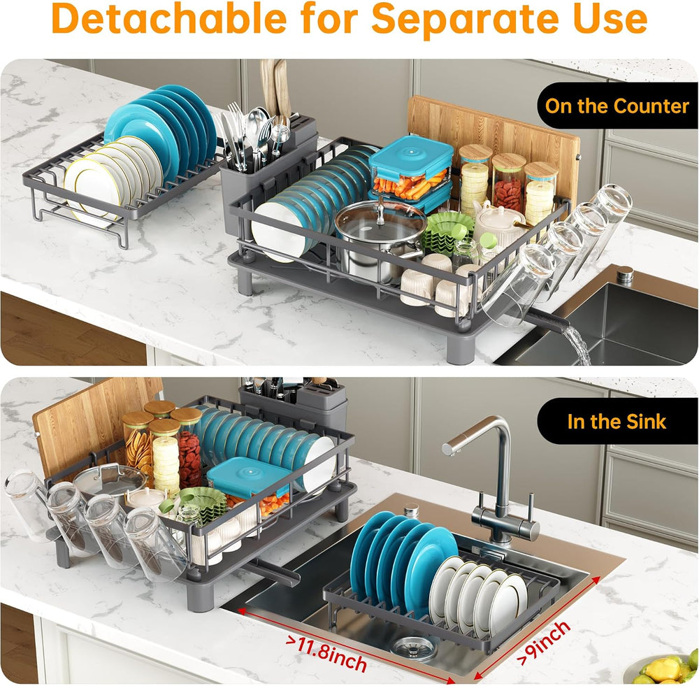 2 Tier Large Detachable Dish Drying Rack for Kitchen Counter, Gray