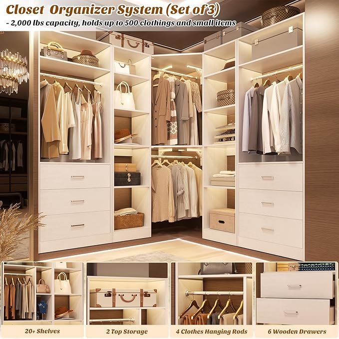 Corner Closet System with 6 Drawers, Closet Organizer System with 14 Shelves ...