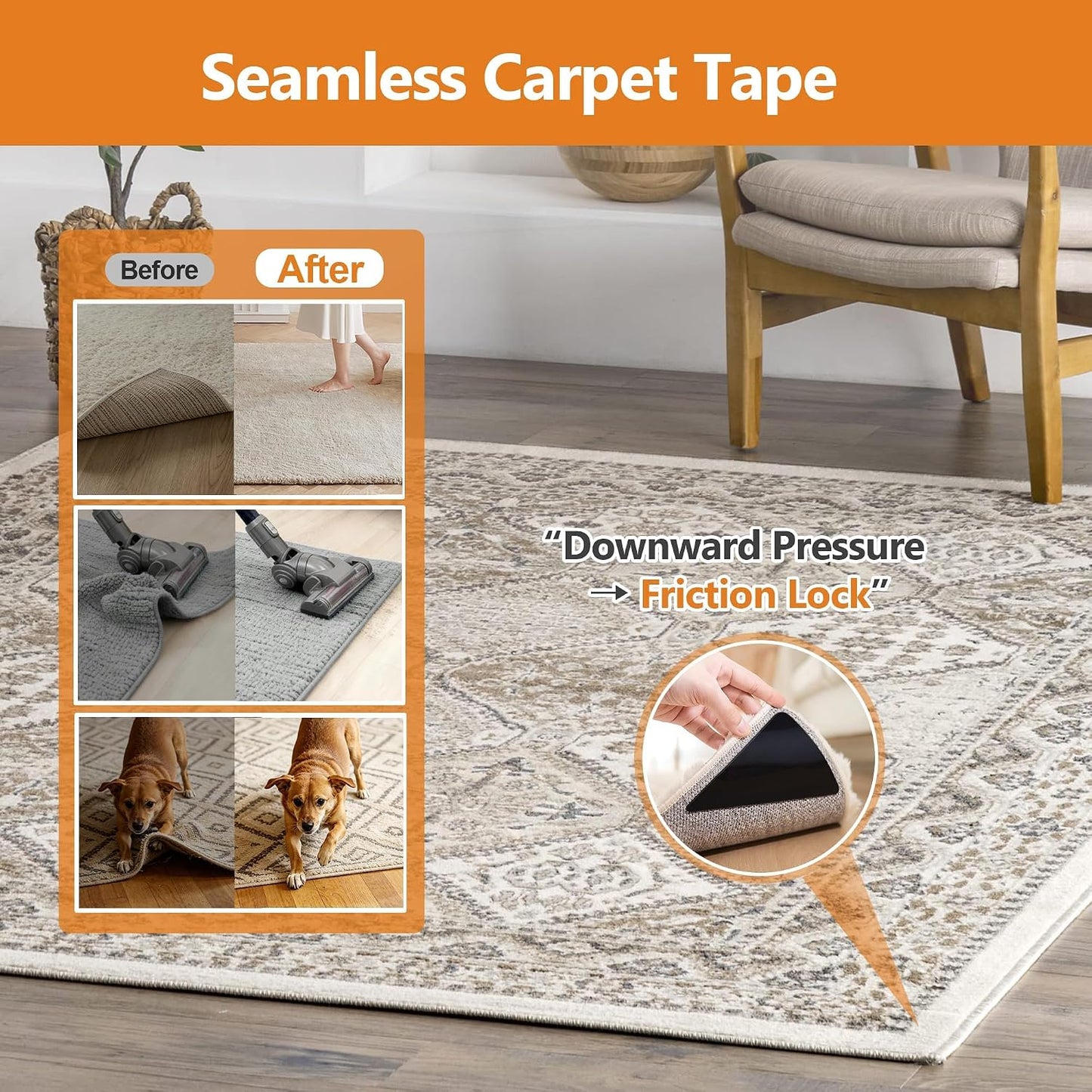 16 Pcs Rug Tape,Anti Slip Rug Pads Grippers for Hardwood Floors and Tiles,No Residue,Reusable Carpet Tape for Area Rugs, Double-Sided Adhesive Rug Stickers