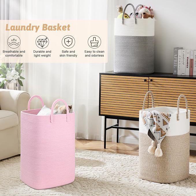 Laundry Basket, Woven Cotton Rope Laundry Hamper, 40L Versatile Storage - Image 4