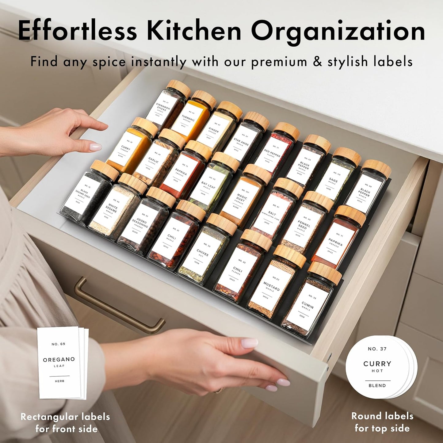 Glass Spice Jars with Label, 36x Bamboo Wooden Lids - White Labels | Airtight Lids keep spices fresh, Kitchen Spice Drawer Organizer, 4oz Seasoning Containers incl. Funnel, Brush & 240 Labels