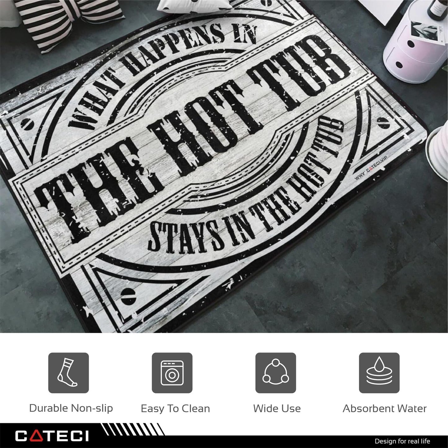 Nukan Funny What Happens in The Hot Tub Stays in The Hot Tub Bathroom Rug - 20x32in Faux Cashmere Floor Mat - Non-Slip Absorbent Bath Mat Cute Hot Tub Decor & Housewarming Gift for Hot Tub Owners