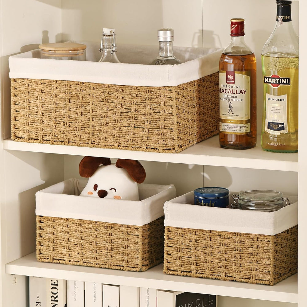 Vagusicc Wicker Storage Basket, 3-Pack Woven Paper Rope Wicker Baskets with H...