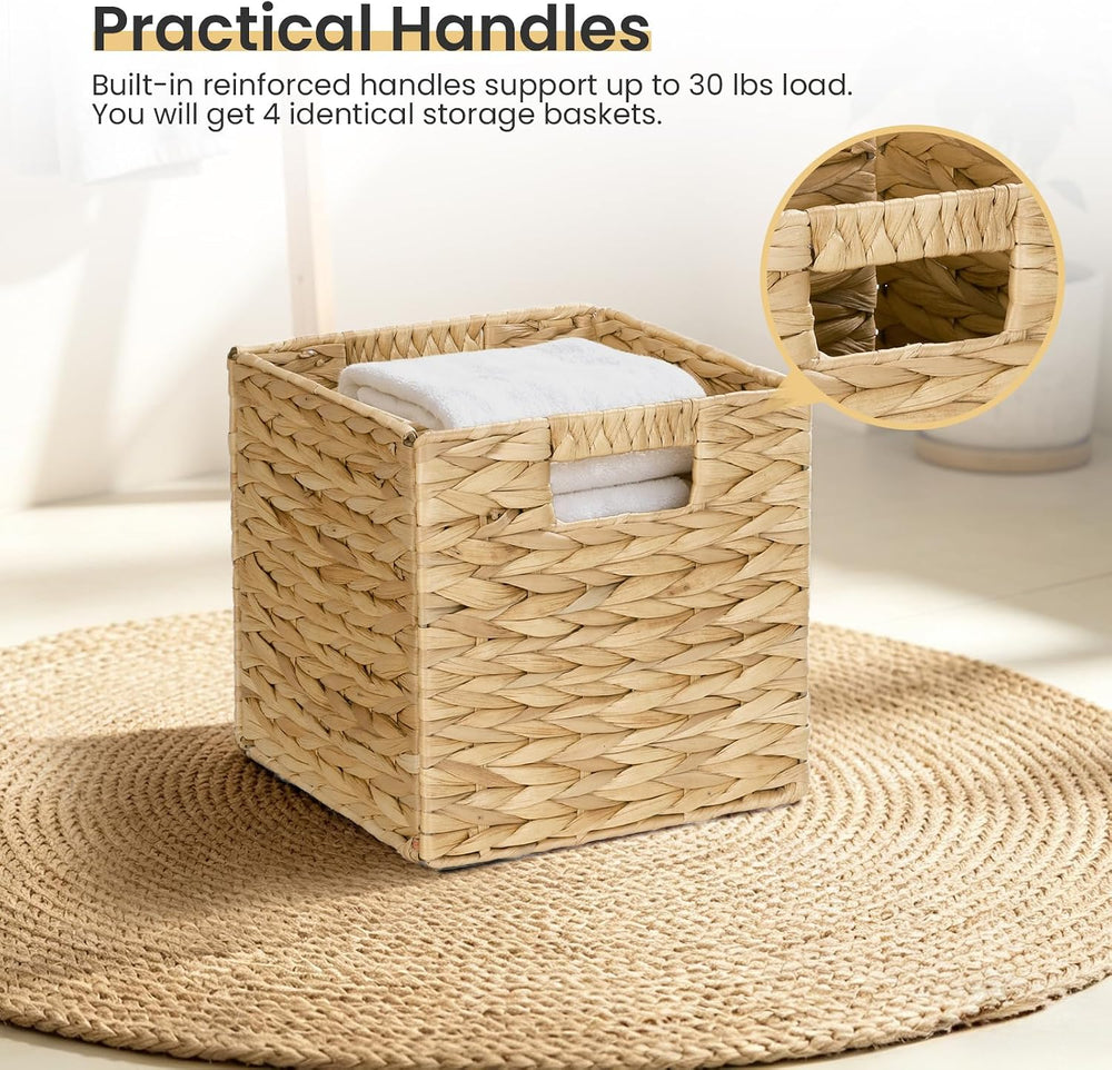 Water Hyacinth Storage Baskets 9in, 4 Pack Wicker Storage Cubes with Handles,...
