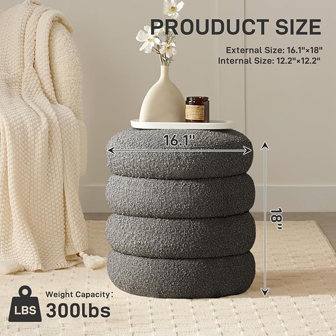 Round Ottoman with Storage Boucle Ottoman Stool with Storage Removable Lid - Image 2