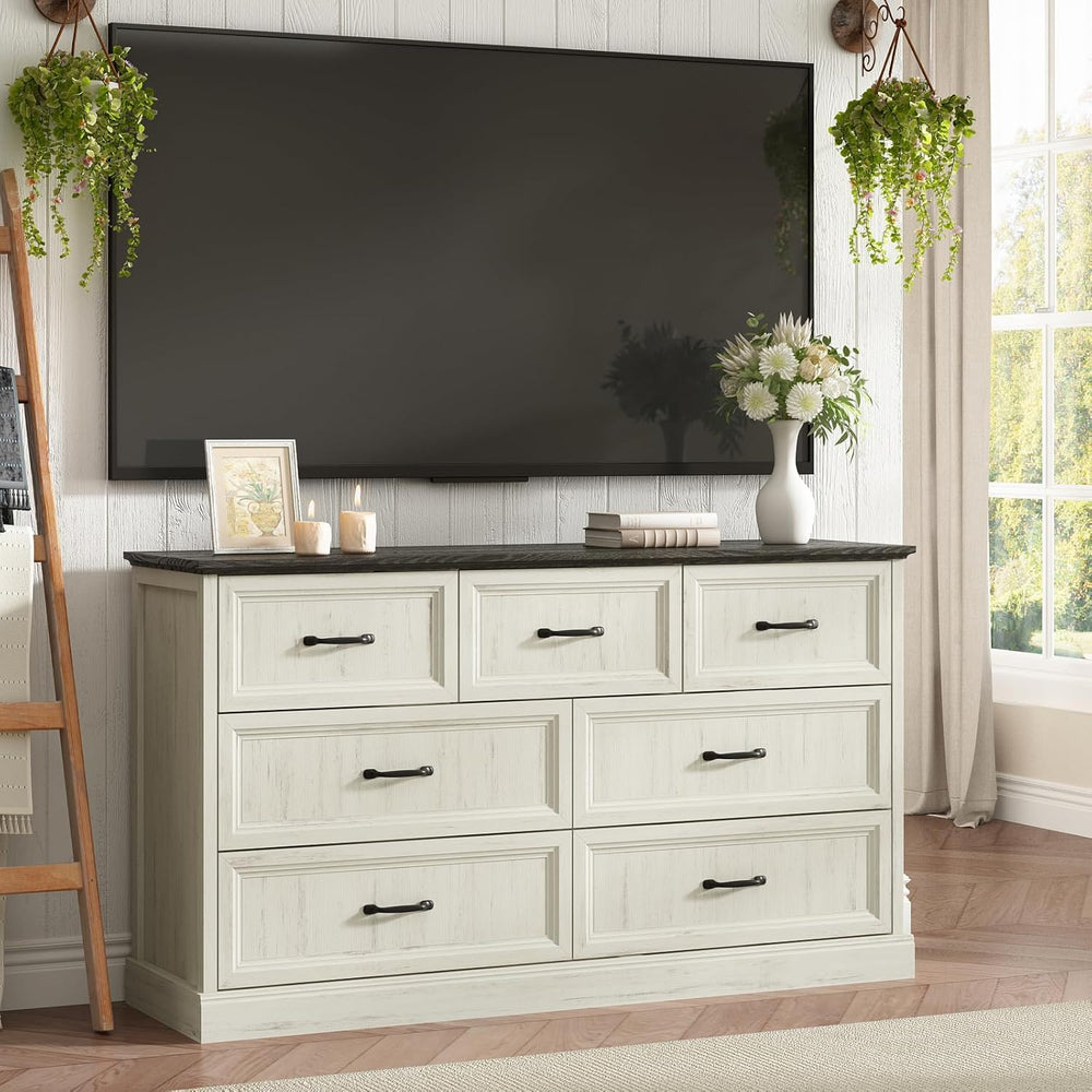Farmhouse 7 Drawer Dresser for Bedroom, 55" White Dresser with TV Stand