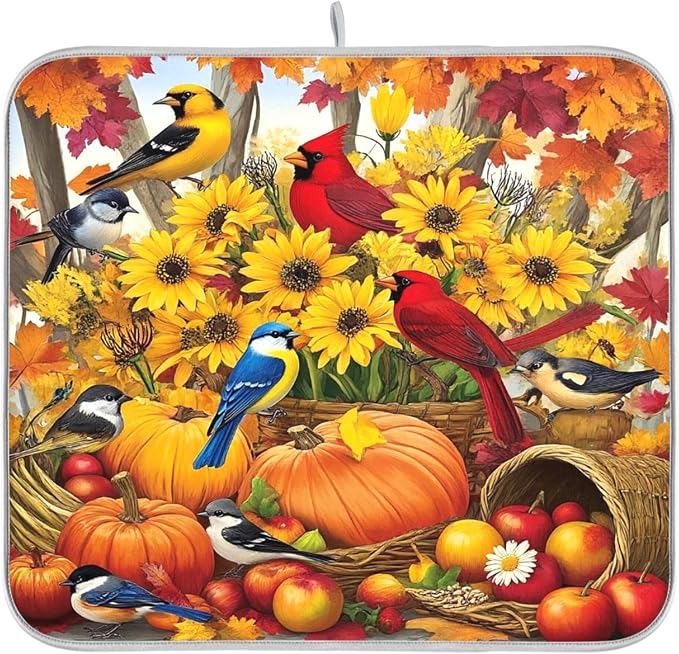 Fall Birds Dish Drying Mat for Kitchen Countertop 16x18 Autumn Pumpkin by Wamika
