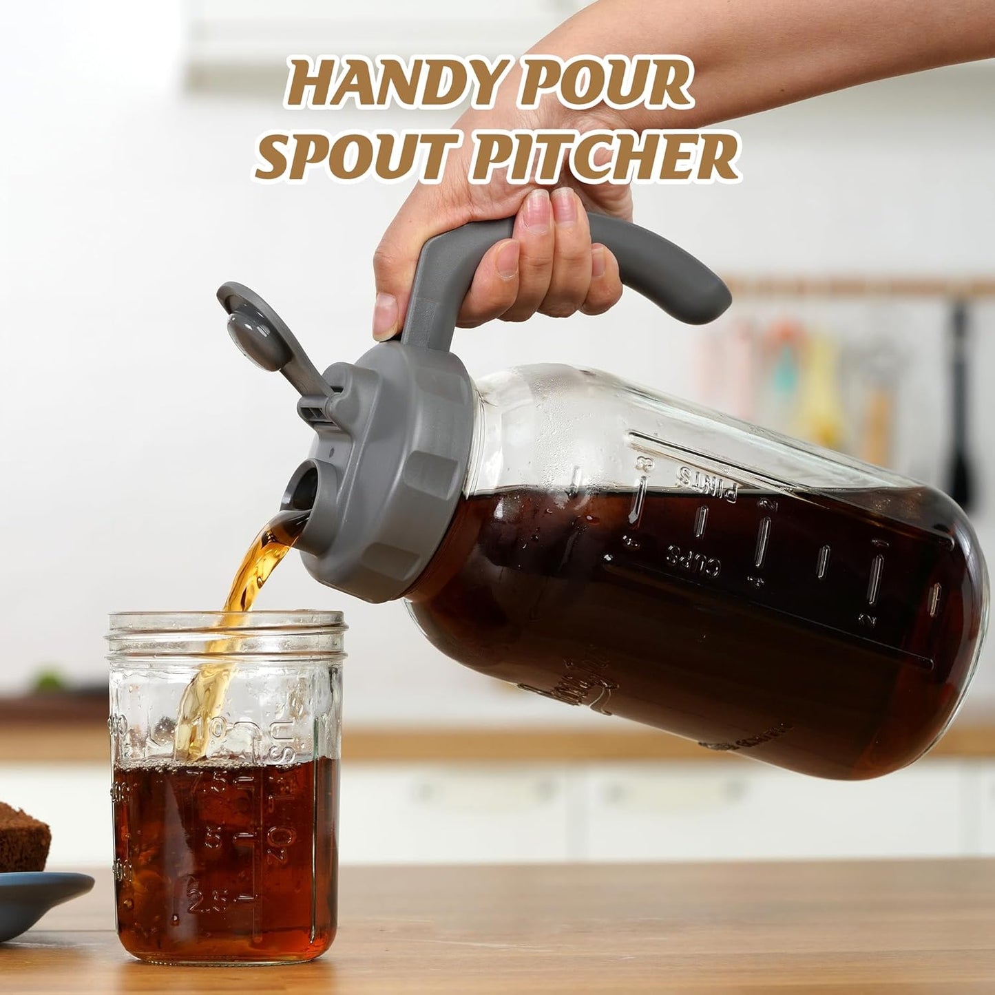 SOLIGT 2 Quart Glass Mason Jar Pitchers with Lids, Dark&Light Gray, 2 Pack | 64oz Wide Mouth Flip Cap Pour Spout Leak-proof Lids with Handle, 1.9 Liter per Jar, for Cold Brew/Juice/Iced Tea/Milk