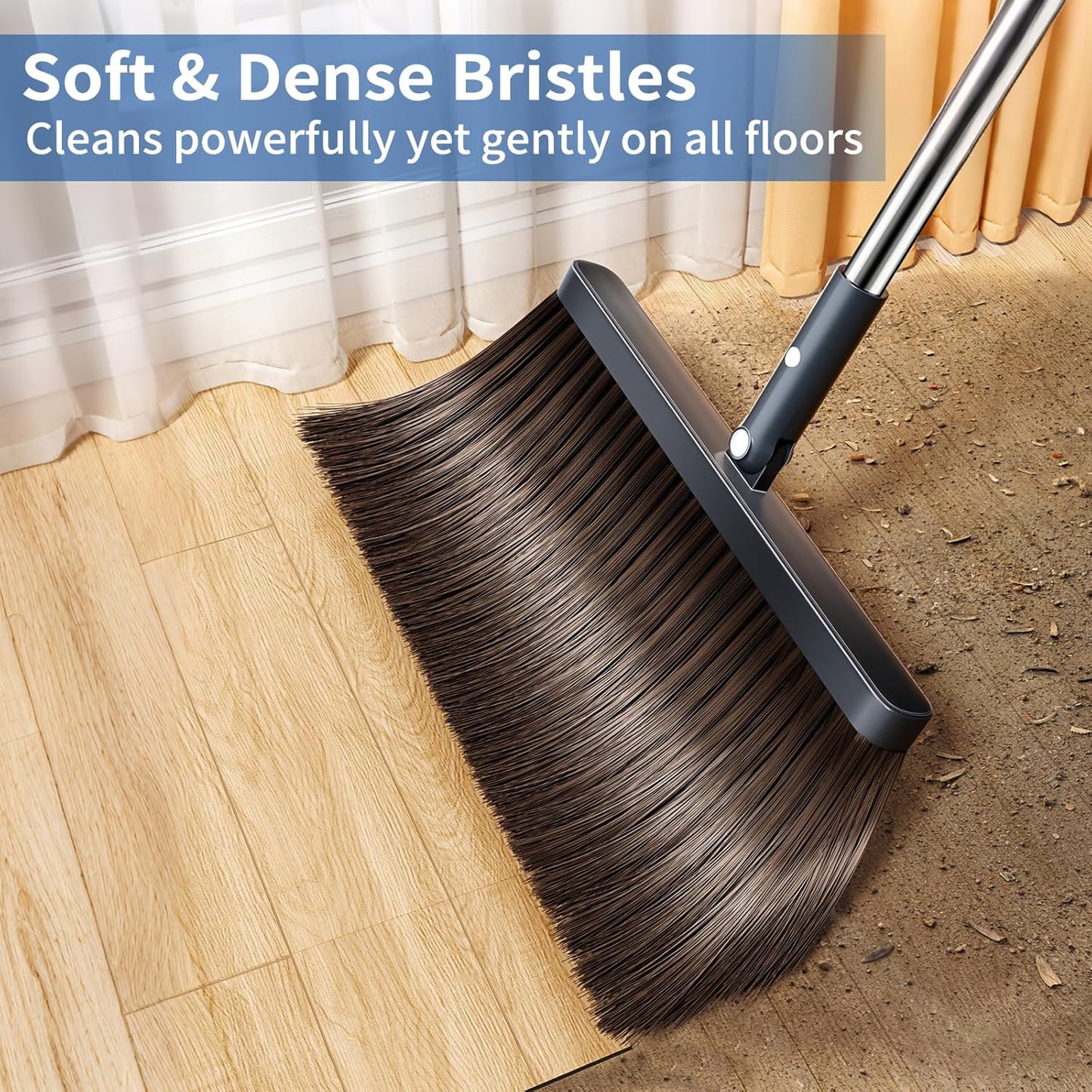 Broom with Dustpan Combo Set, Broom and Dustpan Set with 51.6" Long Handle & Two Broom Heads, Brooms with Dust Pan Teeth for Pet Hair, Indoor&Outdoor Sweeping, Home, Kitchen, Office