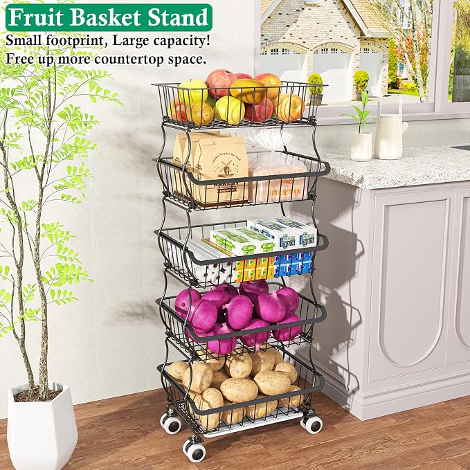 5 Tier Fruit Basket for Kitchen, Stackable Bins Wire Rack - Image 6